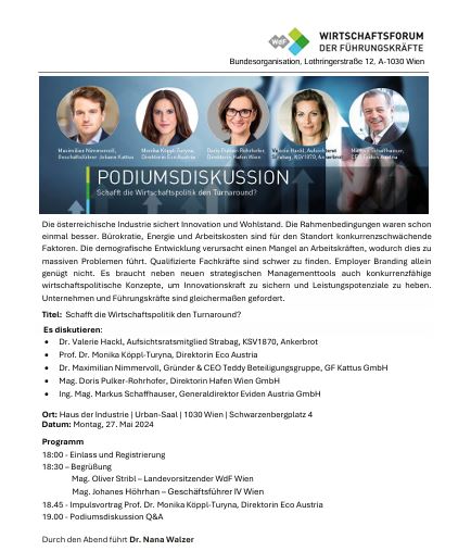 „Schafft die Wirtschaftspolitik den Turnaround?“ – Moderation am 27. Mai 2024, Haus der Industrie